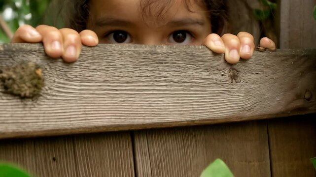 Young curious girl with brown eyes peering over old wooden fence in a lush green garden, looking directly into the camera with her hands on the edge