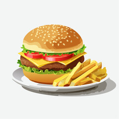 A classic pub-style burger and fries, illustrated with juicy details and warm tones in a clean vector style.