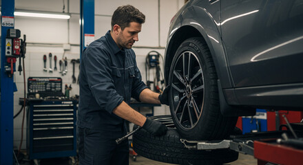 Man in blue uniform changes car tire in auto repair shop with tools and equipment in the background
