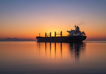 Fototapeta premium Cargo ship sailing on calm waters during sunset with vibrant colors reflecting on surface