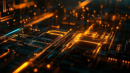 Abstract Digital Circuit Board Glowing Orange Lines Technology Background Futuristic Network Innovation Modern Design High Tech Electronic Pattern Electrical System Powerful Energy