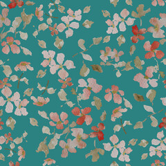 Seamless pattern created from watercolor flower painting with a green background