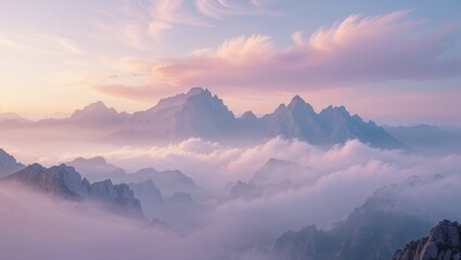Sunrise over misty mountain peaks