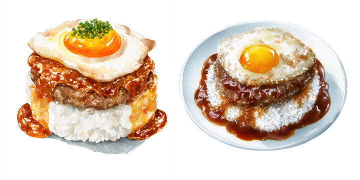 Loco Moco is a Hawaiian dish, Hawaii, watercolor clipart illustration with isolated background.