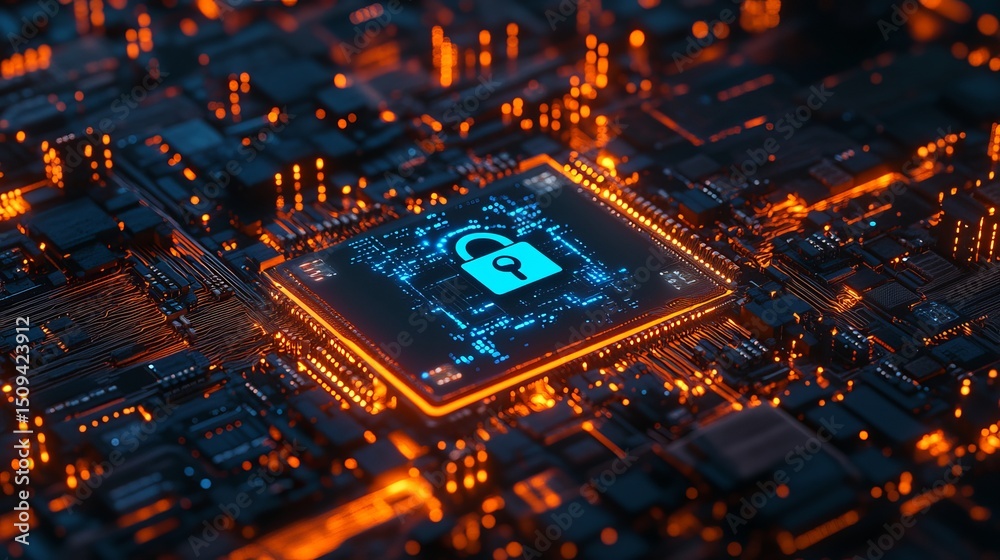 Poster cybersecurity digital lock technology abstract circuit board background high tech innovation secure 