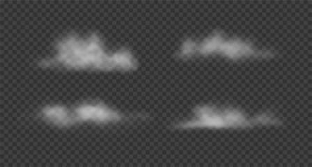 Realistic white cotton clouds, floating smoke, mist. Set of vector semi transparent steam clouds isolated on transparent background