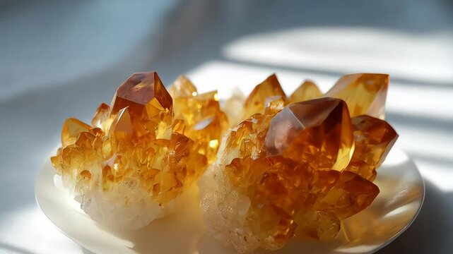 Citrine quartz clusters with orange and white hues in sunlight exhibiting the mineral's natural geometric structure