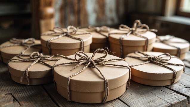 Round craft gift boxes with twine bows