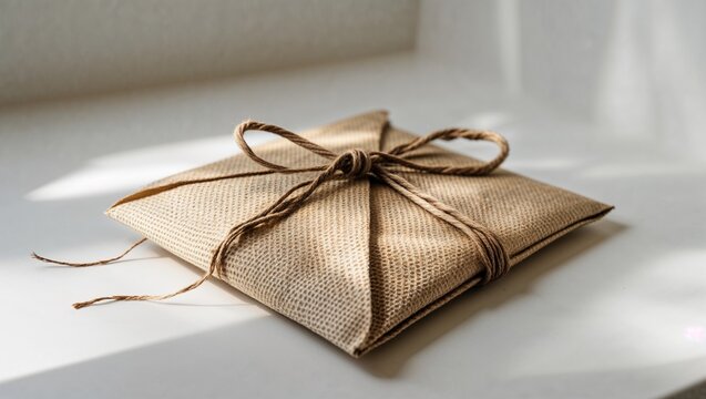 Gift wrapped in brown burlap with twine