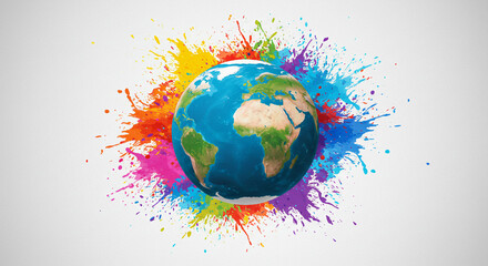 A colorful earth globe surrounded by vibrant paint splatters against a white background illustration