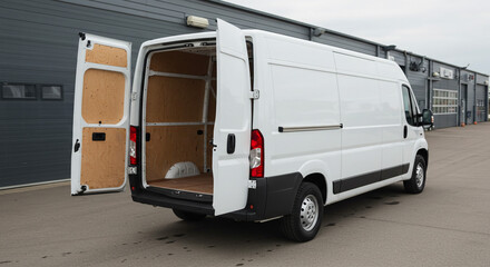 A white van with its rear doors open parked outside a building on a cloudy day showing the interior