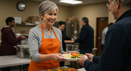 Woman with orange apron serving food to a man in a community kitchen setting with other people around