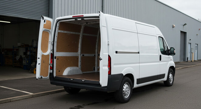 A white delivery van with open back doors parked in front of a building on a cloudy day outside view