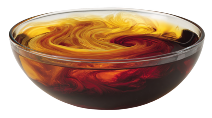Transparent glass bowl filled with a swirling mixture of red and yellow liquid creating a mesmerizing abstract pattern, isolated on a transparent background, perfect for creative projects