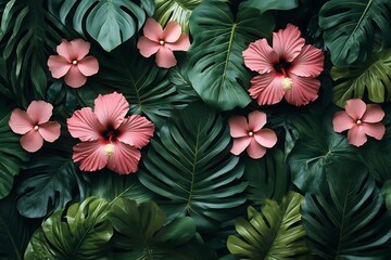 Vibrant tropical flowers wallpaper pink hibiscus and green leaves bright and lush botanical theme for lively backgrounds