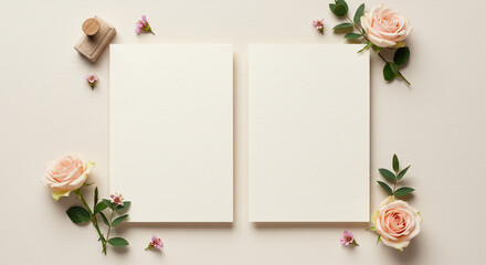 Two blank cards surrounded by pink roses and small pink flowers on a cream colored background flat lay