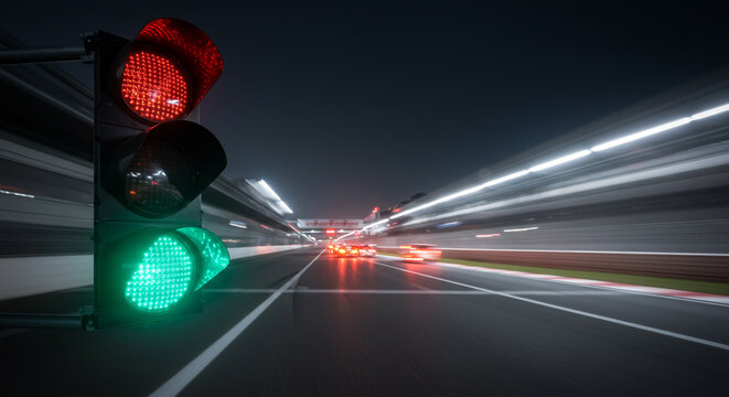 A racing track at night with cars speeding by and a traffic light showing red and green lights on