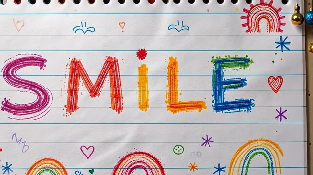 A colorful smile drawing on lined paper with suns rainbows hearts and other doodles surrounding it