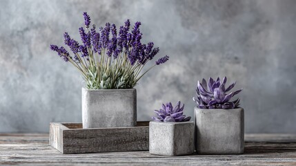 Lavender and succulents are elegantly arranged in sleek concrete pots on a weathered wooden surface, showcasing a blend of color and texture in a cozy indoor environment