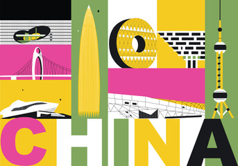 Typography word China branding technology concept. Collection of flat vector web icons. Chinese culture travel set, architectures, specialties detailed silhouette. Doodle Asian famous landmarks.