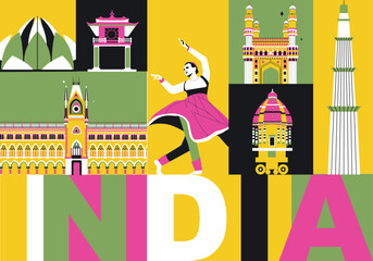 India culture travel set, famous architectures and specialties in flat design. Business travel and tourism concept clipart. Image for presentation, banner, website, advert, flyer, roadmap, icons