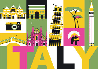 Typography word "Italy" branding technology concept. Collection of flat vector web icons. Europe culture travel set, famous architectures, specialties detailed silhouette. Italian famous landmark