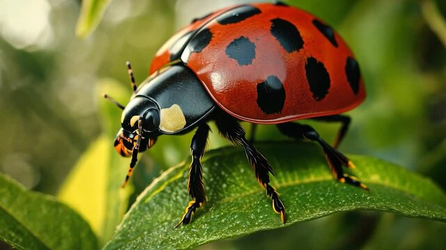 Close-up ladybug on leaf, vibrant green foliage background