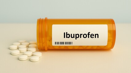 Ibuprofen tablets used for pain relief, inflammation, and fever, over-the-counter NSAID.	
