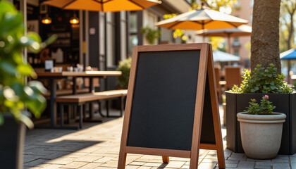 Outdoor café scene with blank chalkboard sign under umbrellas  