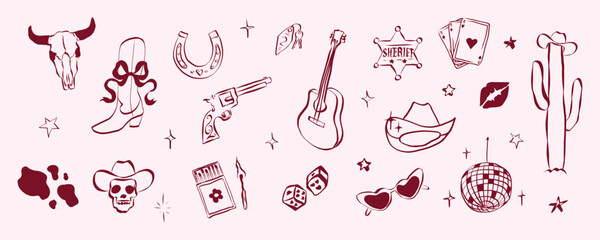 Cowgirl and cowboy set in hand drawn coquette style. Retro whimsical symbols for bachelorette and girls birthday party. Trendy and cute art for holidays banner. Doodle aesthetic vector illustration