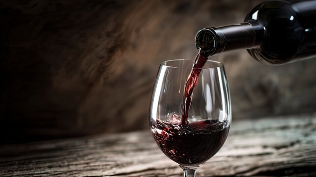 Red wine pouring into a glass, capturing the rich essence of indulgence.
