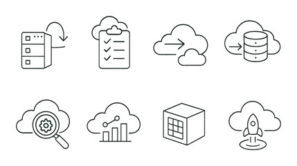 Cloud migration outline icons set – simple, data transfer and server management symbols