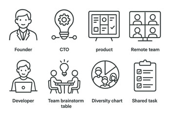Startup and team outline icons set – simple, organization and collaboration symbols