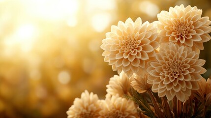 Cream dahlias glow in warm light, soft petals abound