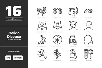 Celiac Disease Icon Set Collection - Outline Line Art Style. Containing Celiac Disease, Normal Villi, Diarrhea, Villous Atrophy, Fatigue, Weight Loss, Bloating and Gas, Abdominal Pain, Nausea.