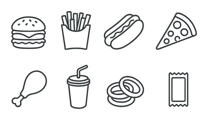 Fast food silhouette icons set &ndash; burger, snack, and meal symbols in outline style