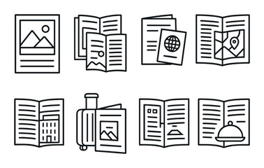 Travel magazine outline icons set – journey, adventure, exploration symbols