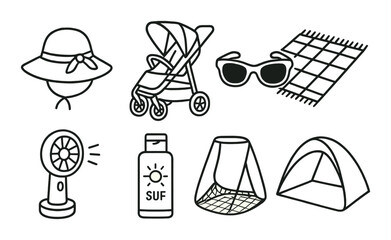 Baby outdoors essentials silhouette icons set – picnic, camping, family fun symbols