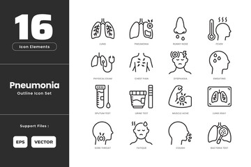 Pneumonia Icon Set Collection - Outline Line Art Style. Containing Lung Bacteria, Chest Pain, Cough, Dysphagia, Exhausted, Fever, Lung, Muscle Ache, Physical Exam, Pneumonia, Runny Nose, Sore Throat.