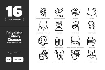 Polycystic Kidney Disease Icon Set Collection - Outline Line Art Style. Containing Side Pain, Back Pain, Blood in Urine, CT Scan, Drinking Fluid, Full Stomach, Headache, High Blood Pressure.