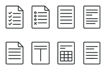 Educational paper icons set – silhouette, document, text and writing symbols