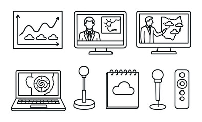 Meteorologist tool silhouette icons set – weather forecasting, simple climate symbols