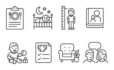 Parenting essentials icons set – linear style, childcare and family symbols