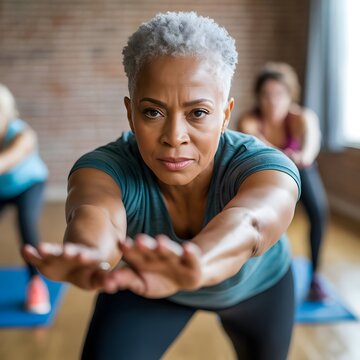 60 yrd old woman exercising. Wellness in Motion: Focused female group engaged in a pilates workout, a testament to holistic well-being and a healthy lifestyle.