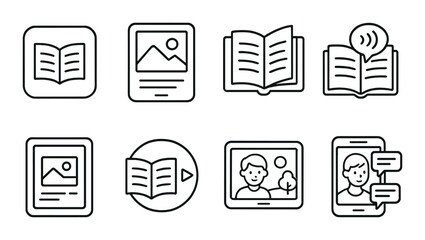 Digital storytelling linear icons set – outline, narrative and multimedia symbols
