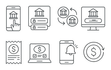Online banking silhouette icons set – finance, payment and digital transaction symbols