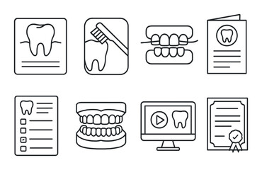 Dental education line icons set – outline, oral health and hygiene symbols