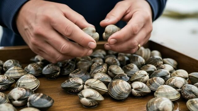 Hand Sorting Fresh Clams, Tidal Bounty, Culinary Prep, Seafood Harvest, Beachcombing Finds, Coastal Cuisine, Ocean Treasures, Shellfish Delicacy, Gourmet Selection.