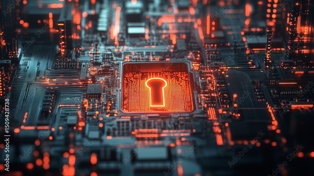Poster abstract digital keyhole glowing orange technology circuit board background modern futuristic design