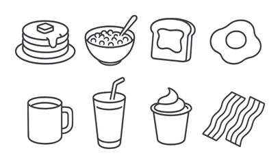 Classic breakfast silhouette icons set – outline, morning meal and food symbols